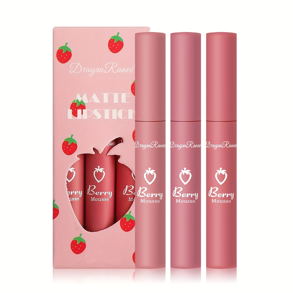 

3 Colors Strawberry Berry Matte Lipstick, Softness Velvet Matte Lip Gloss Lip Color, Light Weight Non-stick Cup Long Lasting Lipstick