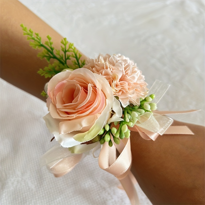 Latious Wedding Prom Wrist Corsage Rose Bridesmaids Hand Silk Flowers  Wristband Bridal Party Decor for Women and Girls (Blue Camellia)