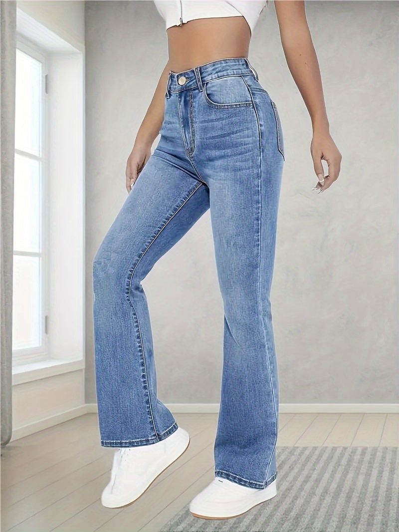 High Stretch Washed Straight Jeans Slant Pockets High Waist - Temu