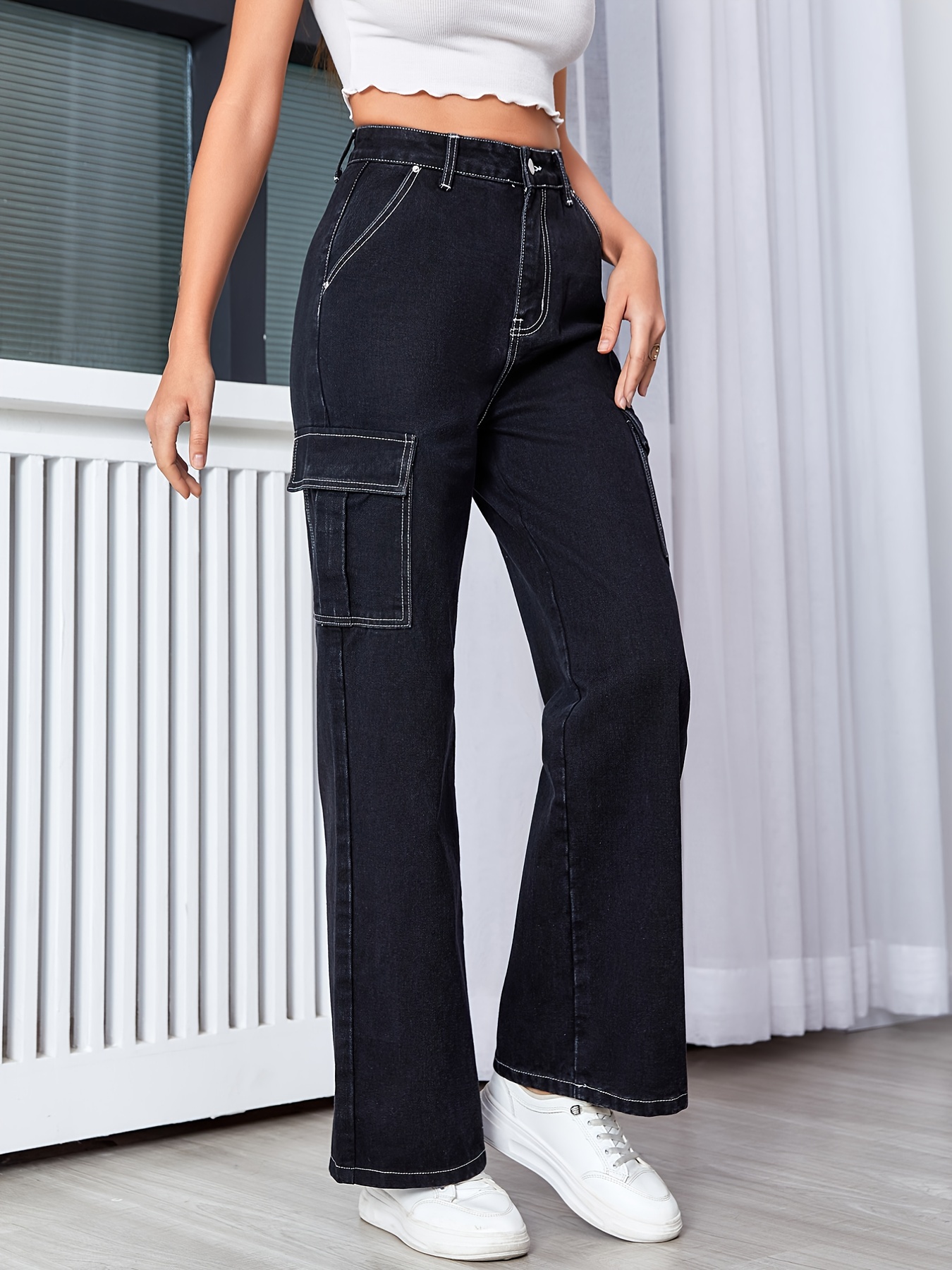 Black Contrast Stitching Seam Cargo Jeans High Solid - Temu Canada
