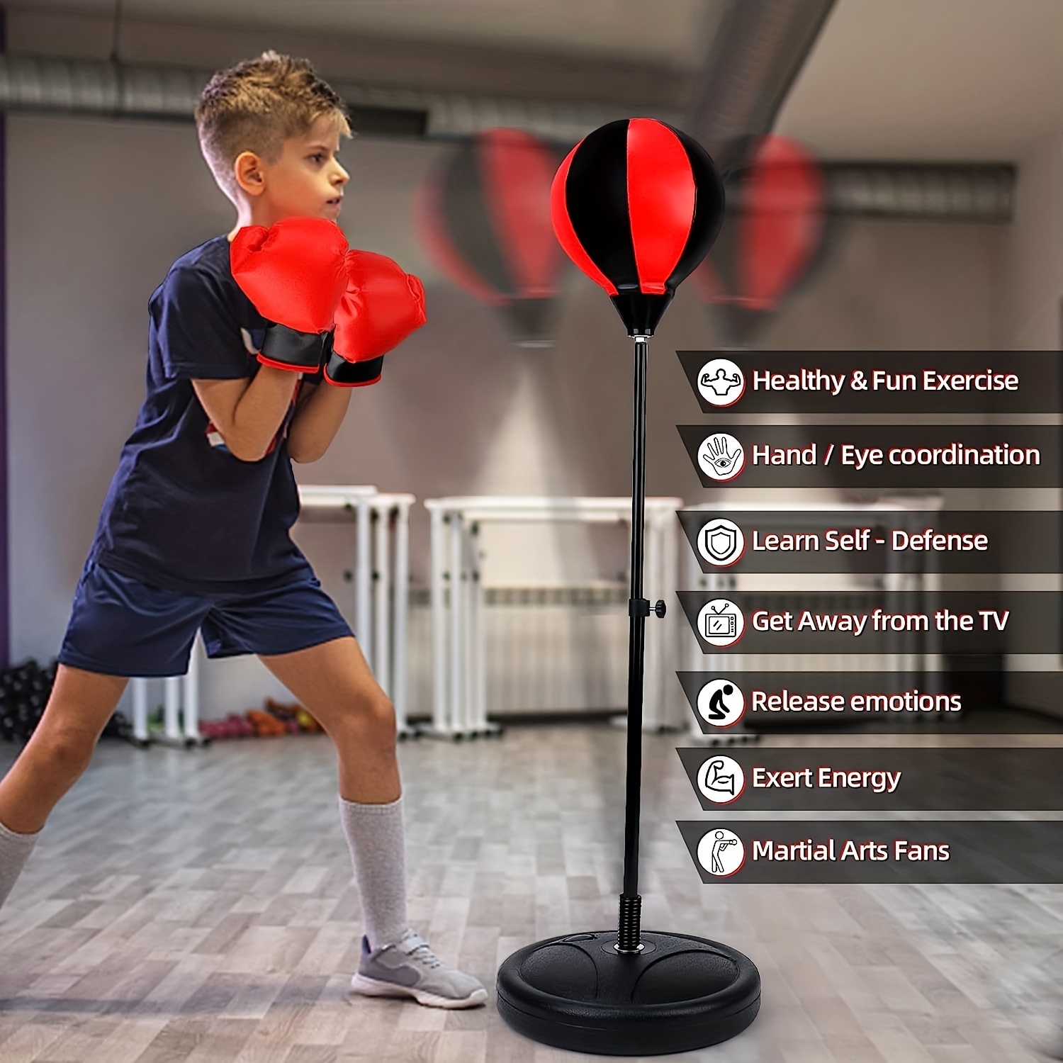 Juego de saco de boxeo para niños, incluye pelota de boxeo con soporte,  guantes de entrenamiento de boxeo, bomba de mano y soporte de altura