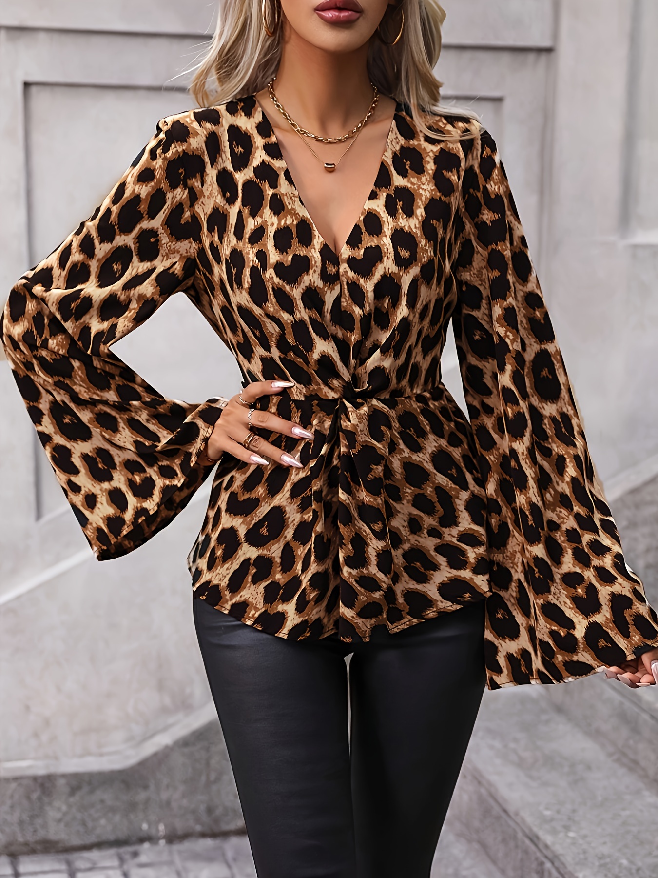 SUNSIOM Women V Neck Plus Size Leopard Print Long Qatar