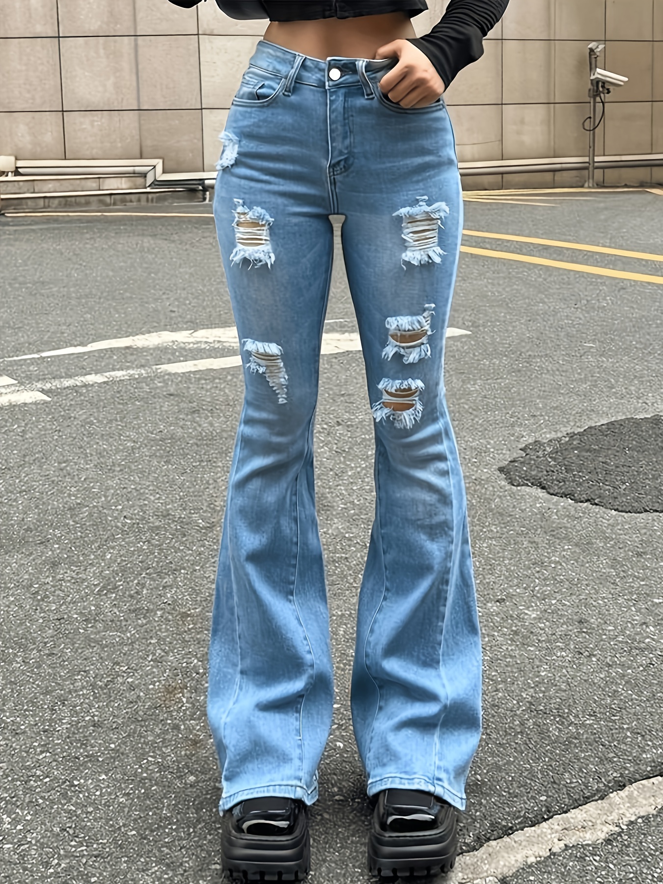Kids Girls Ripped Flare Jeans Bell-Bottoms Skinny Denim Pants Casual  Trousers