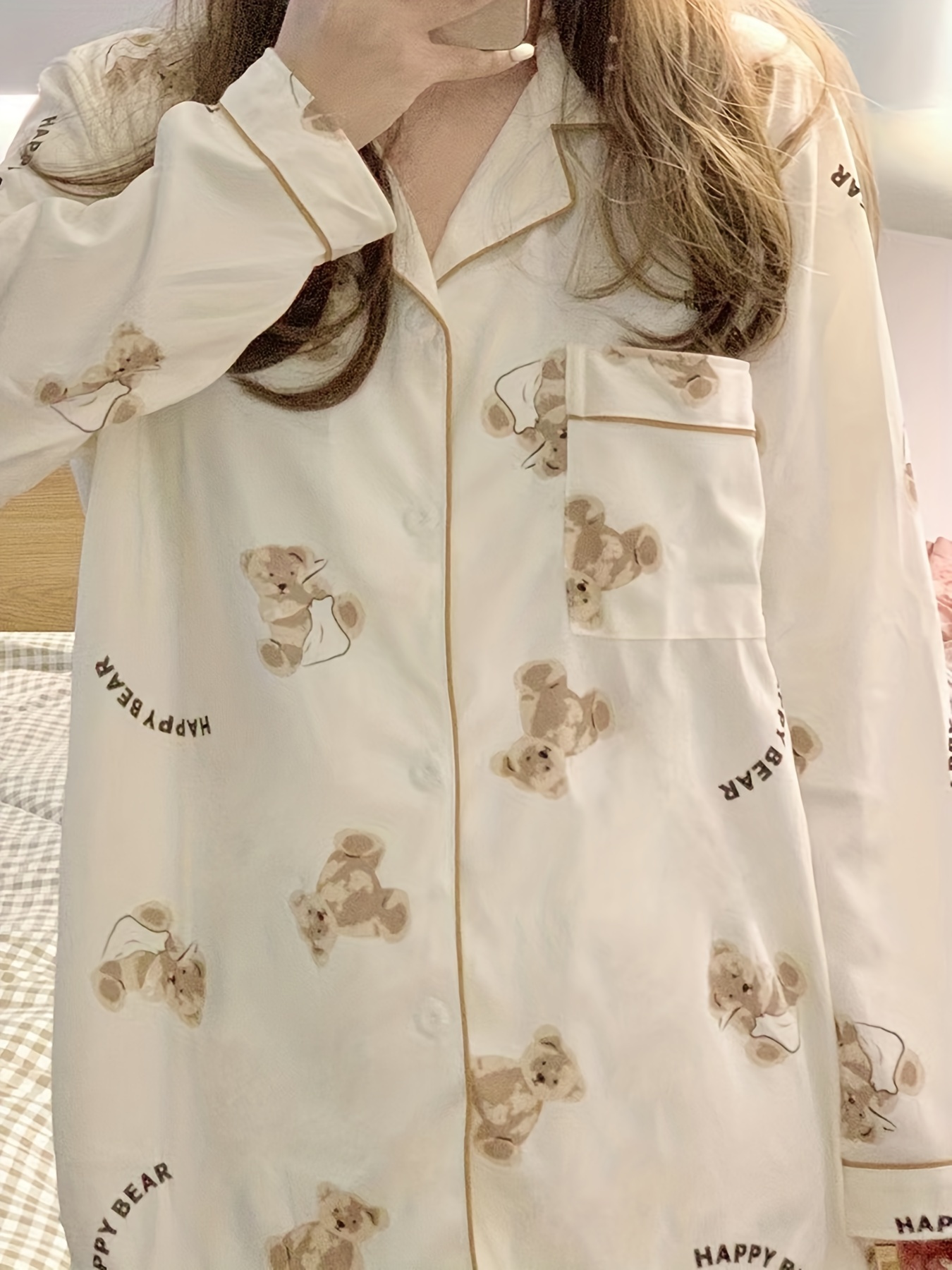 Cartoon Bear Print Pajama Set Cute Lapel Long Sleeve Blouse - Temu France