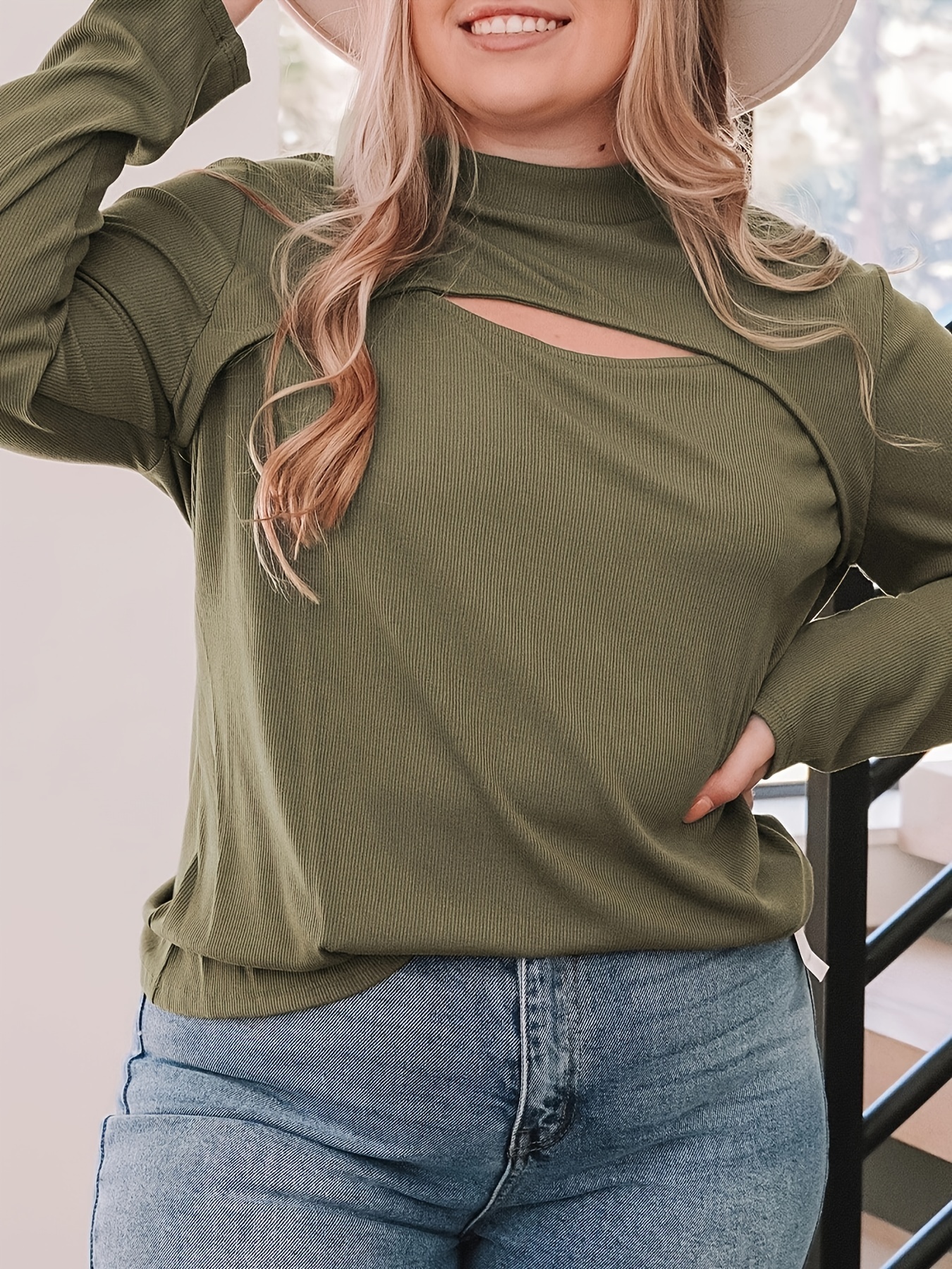 Plus Size Cut Out Solid Top, Casual Mock Neck Long Sleeve Top, Women's Plus  Size Clothing