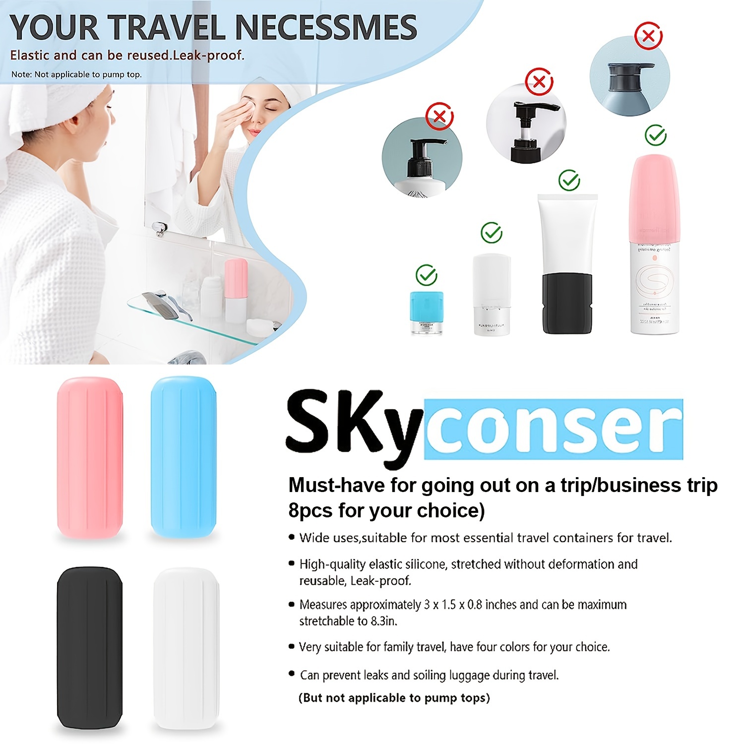 8pcs Travel Bottle Covers,Silicone Elastic Sleeves for Trave Containers,Reusable Travel Accessories for Leak Proofing in Luggage,Fit Most Toiletries