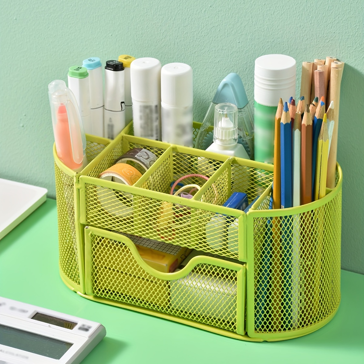Pipishell Desk Organizer Mesh Desktop Office Supplies Multi-functional  Caddy Pen Holder Stationery with 8 Compartments and 1 Drawer for Home,  School