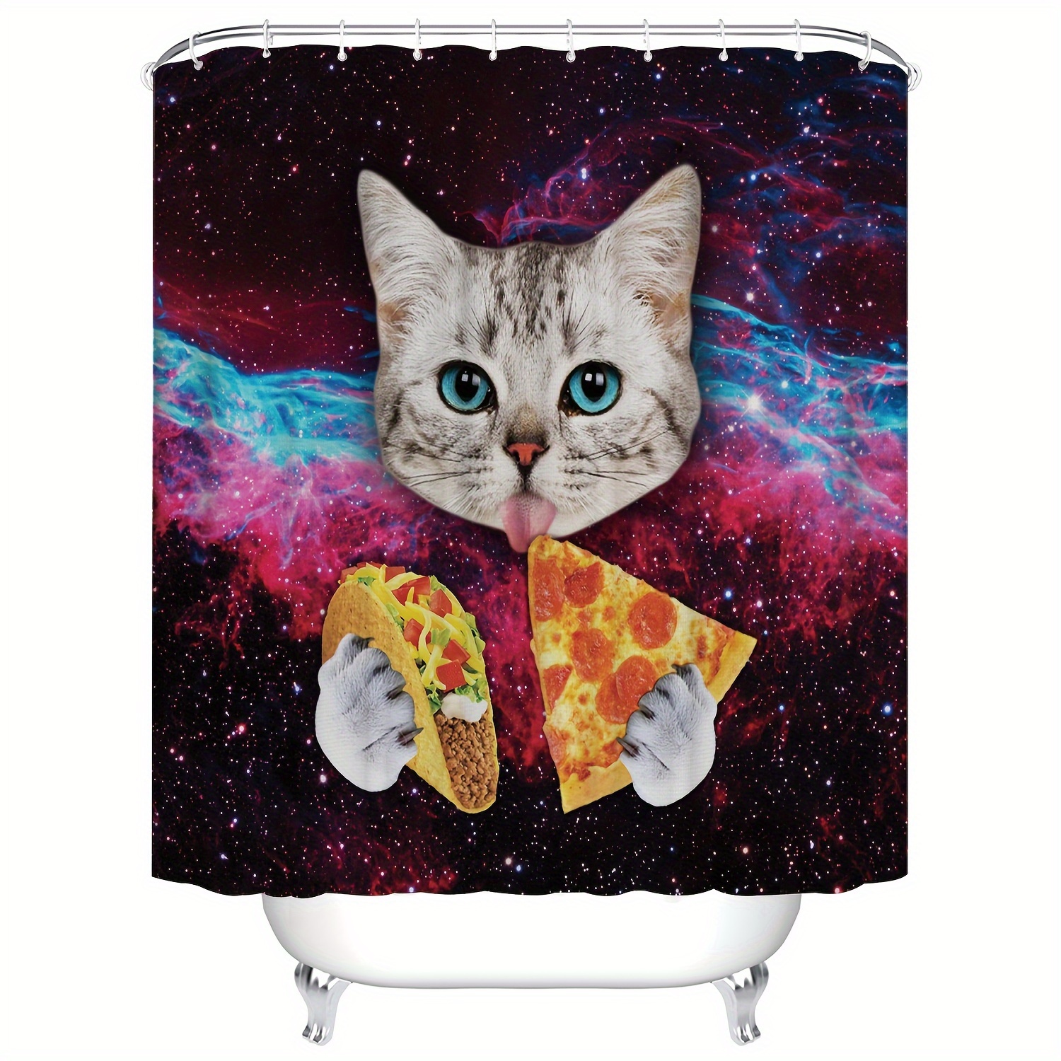 Starry Pizza Cat Printed Shower Curtain Hooks Waterproof Temu New Zealand