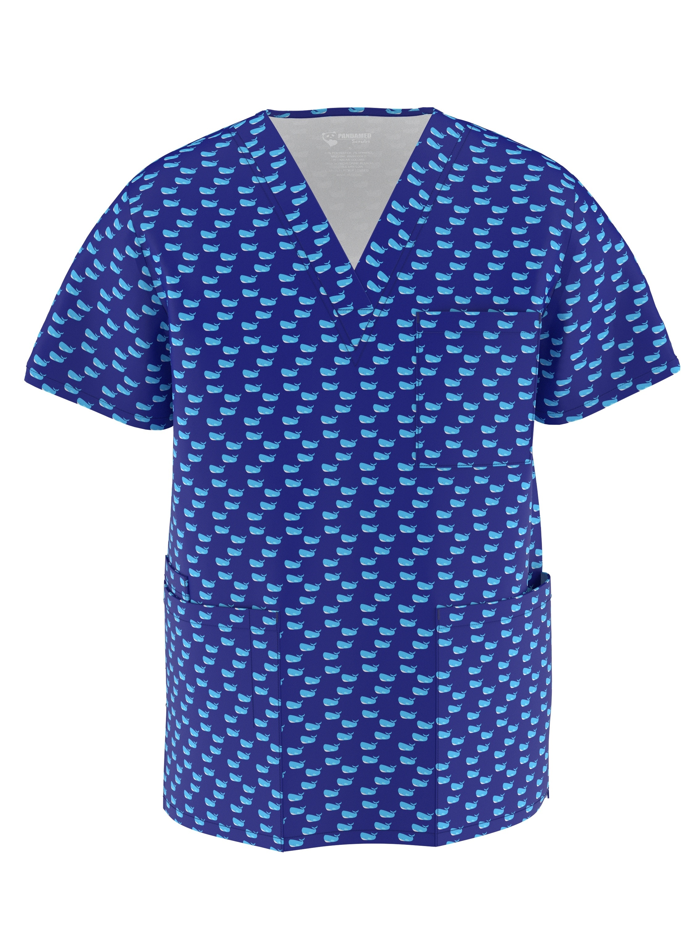 Pandamed Scrubs Unisex Stretch V-Neck Scrub Top with Whale Print - Royal Blue Uniform, Machine Washable, Pockets, All-Season Comfort for Nurses & Professionals (PSM105 M003), Scrubs for Nurses, Healthcare Professional Apparel, Playful Attire, Smooth