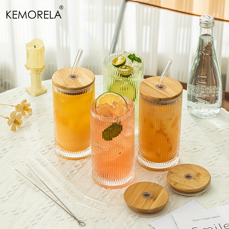 2PCS Ribbed Glass cups with Bamboo Lids and Glass Straws, Fluted Vintage  Ripple Clear Glassware, Origami Style Drinking Glasses for Juice, Beer,  Iced Coffee, Tea and Cocktail 