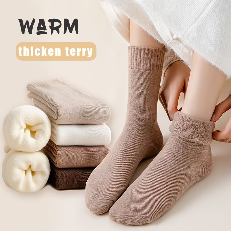 1pair Women's Solid Color Thickened & Fleece-lined Mid-calf Socks For Cold  Weather, Versatile Indoor Floor Socks