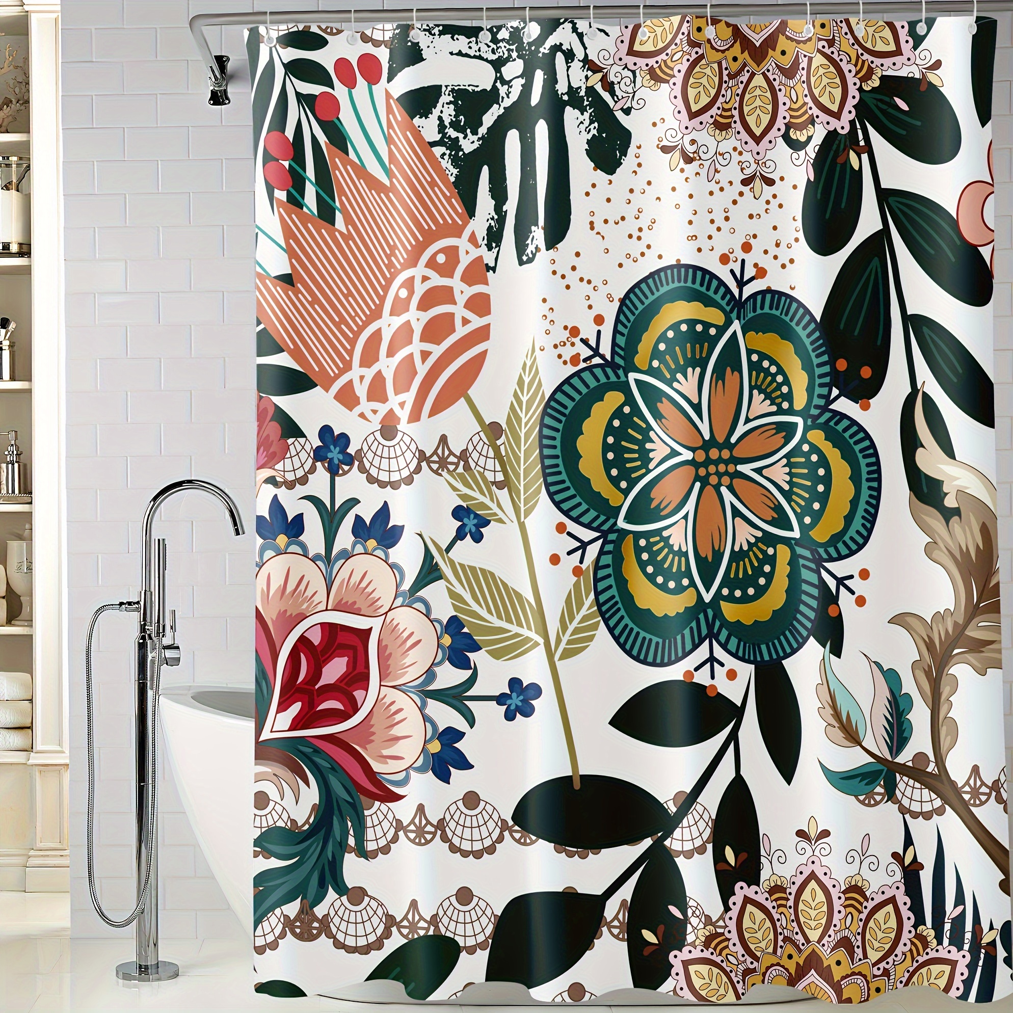 Set 4 pièces tapis de salle de bain + rideau motif feuilles de