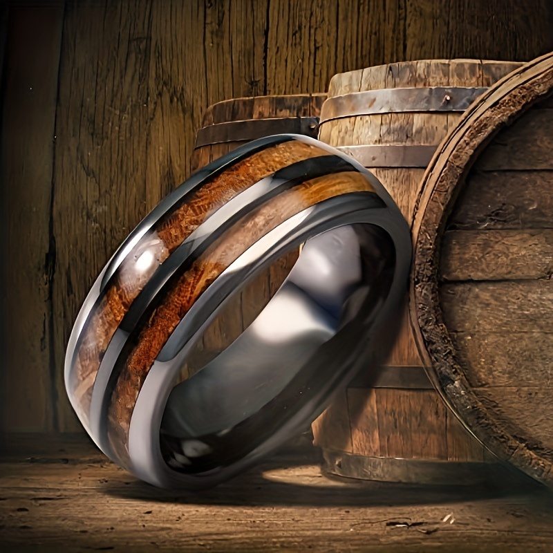 

1pc Men's Barrel Gray Stainless Steel Ring With Wood Grain Inlaid, Wedding Ring, Promise Ring, Engagement Ring, Size 7-13 Available