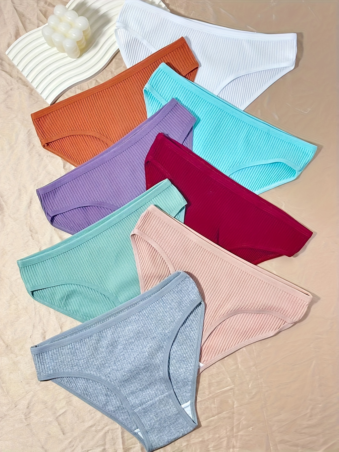 8pcs Solid Ribbed Briefs, Comfy & Breathable Stretchy Intimates Panties,  Women's Lingerie & Underwear