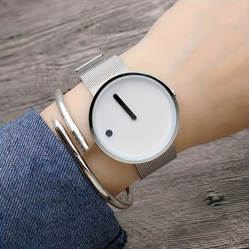 

Minimalist Round Pointer Quartz Watch Casual Mesh Alloy Band Wristwatch, Gift For Women Men Teens Students