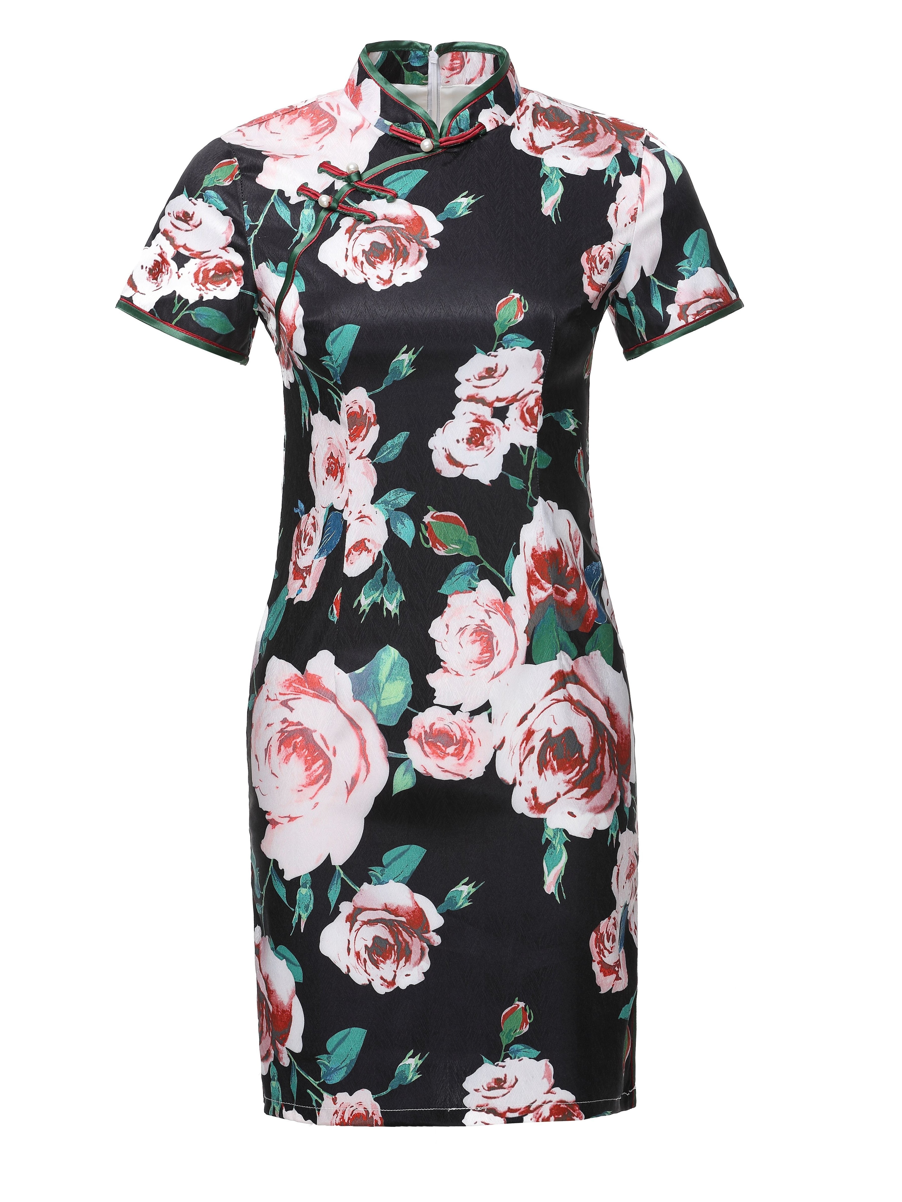 Floral Print Chinese Vintage Cheongsam Bodycon Short Sleeve - Temu Canada