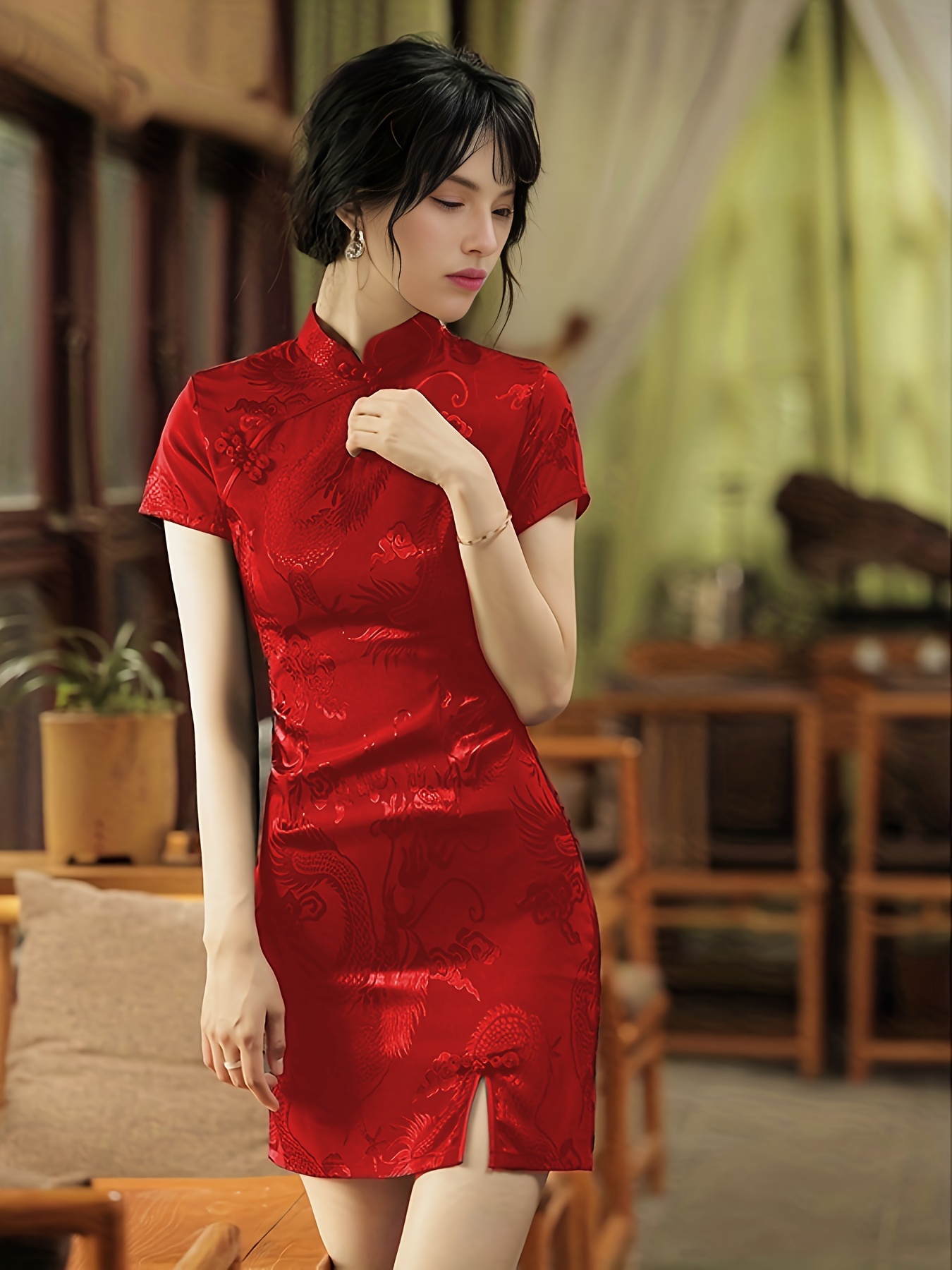 Short Sleeve Long Qipao Chinese Cheongsam Dress Red