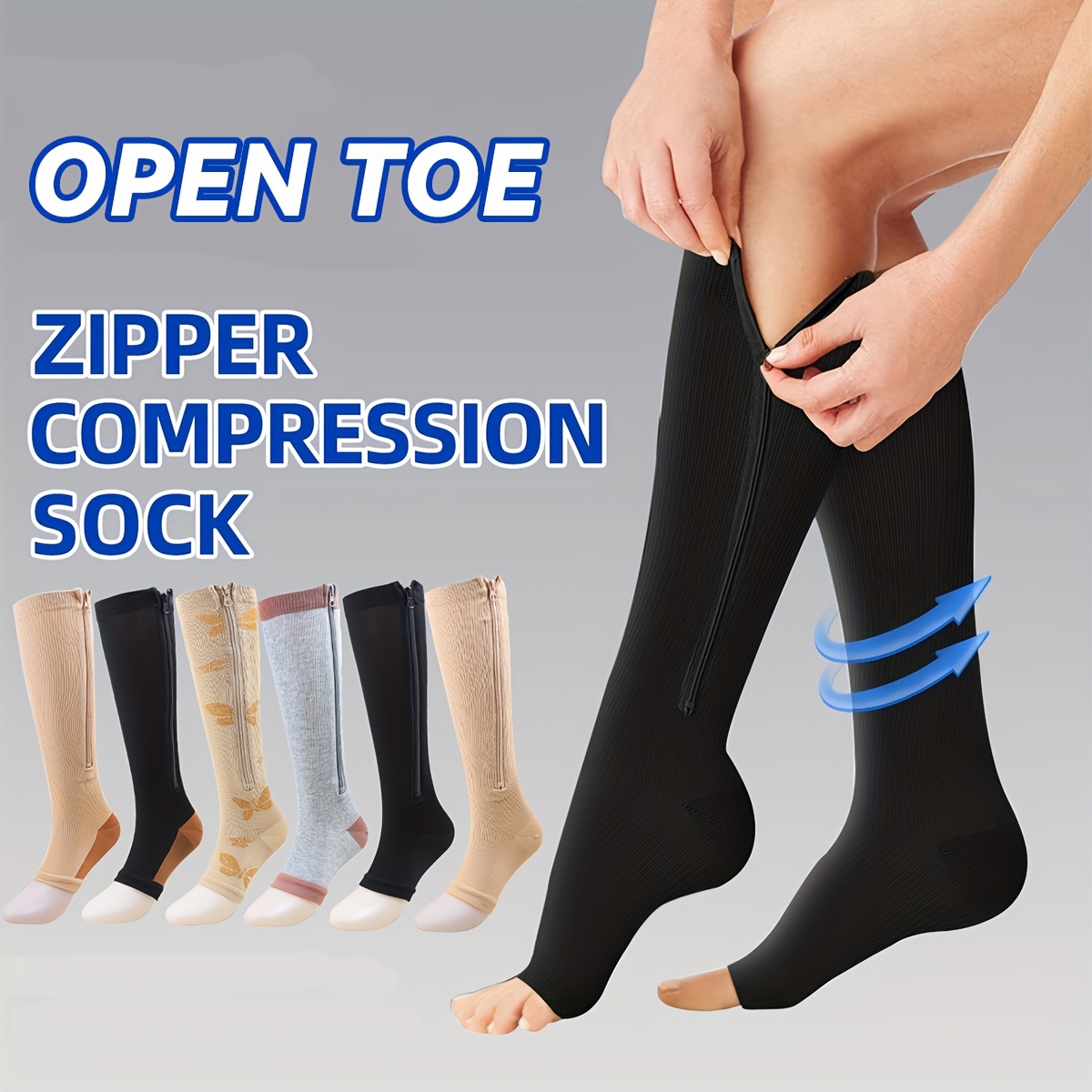 2 Pairs Zipper Compression Socks Thigh High 20-30 mmHg Compression Socks  with Zipper Closed Toe