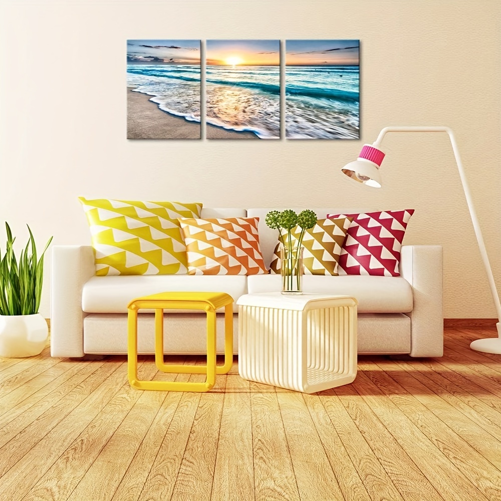  Arte de pared con marco de madera natural para sala de estar,  decoración de pared para dormitorio, color azul sol, playa, cuadros de  pared, obras de arte, oficina, decoración de paisajes