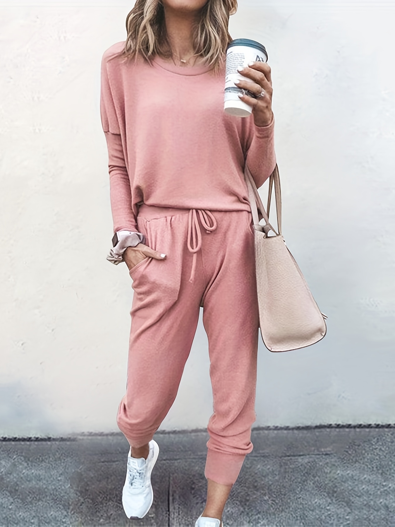 Casual Solid Two-piece Set, Long Sleeve T-shirt & Drawstring Pants Outfits,  Women's Clothing