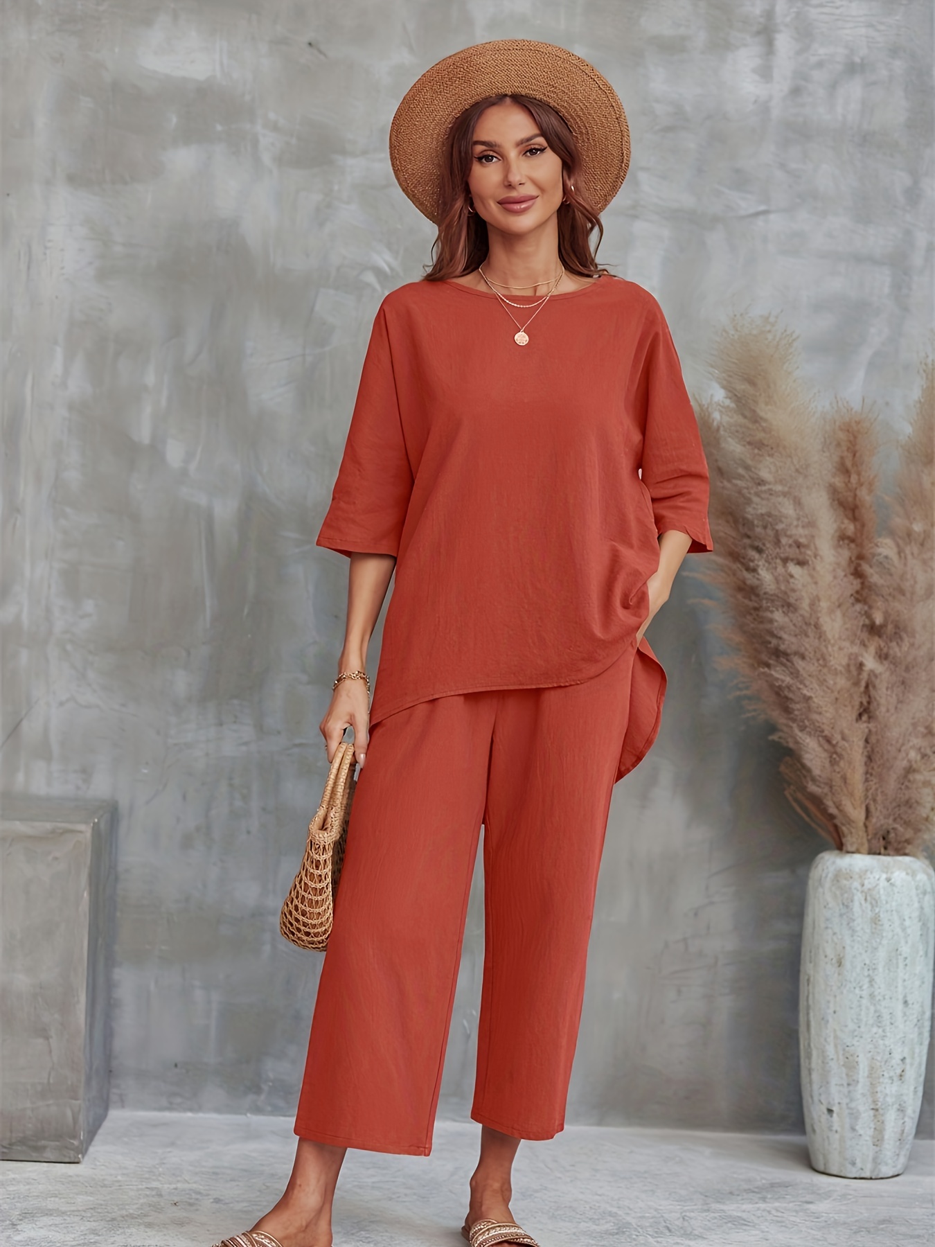 Casual 2pc Set Crew Neck Tee & Wide Leg Pants Women's Clothing
