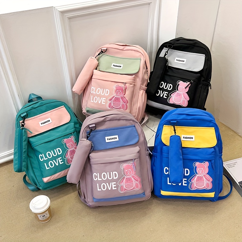 Letter Graphic Large Capacity Backpack Two Tone Colorblock Zipper