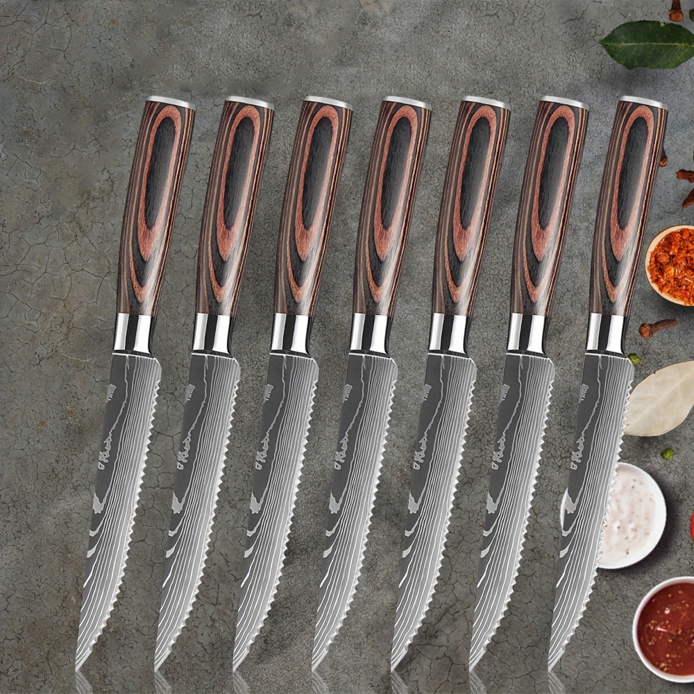 Juego de 6 cuchillos de carne con patrón de damasco de acero inoxidable con  mango de madera, cuchillo multiusos para restaurante y mesa (juego de 6