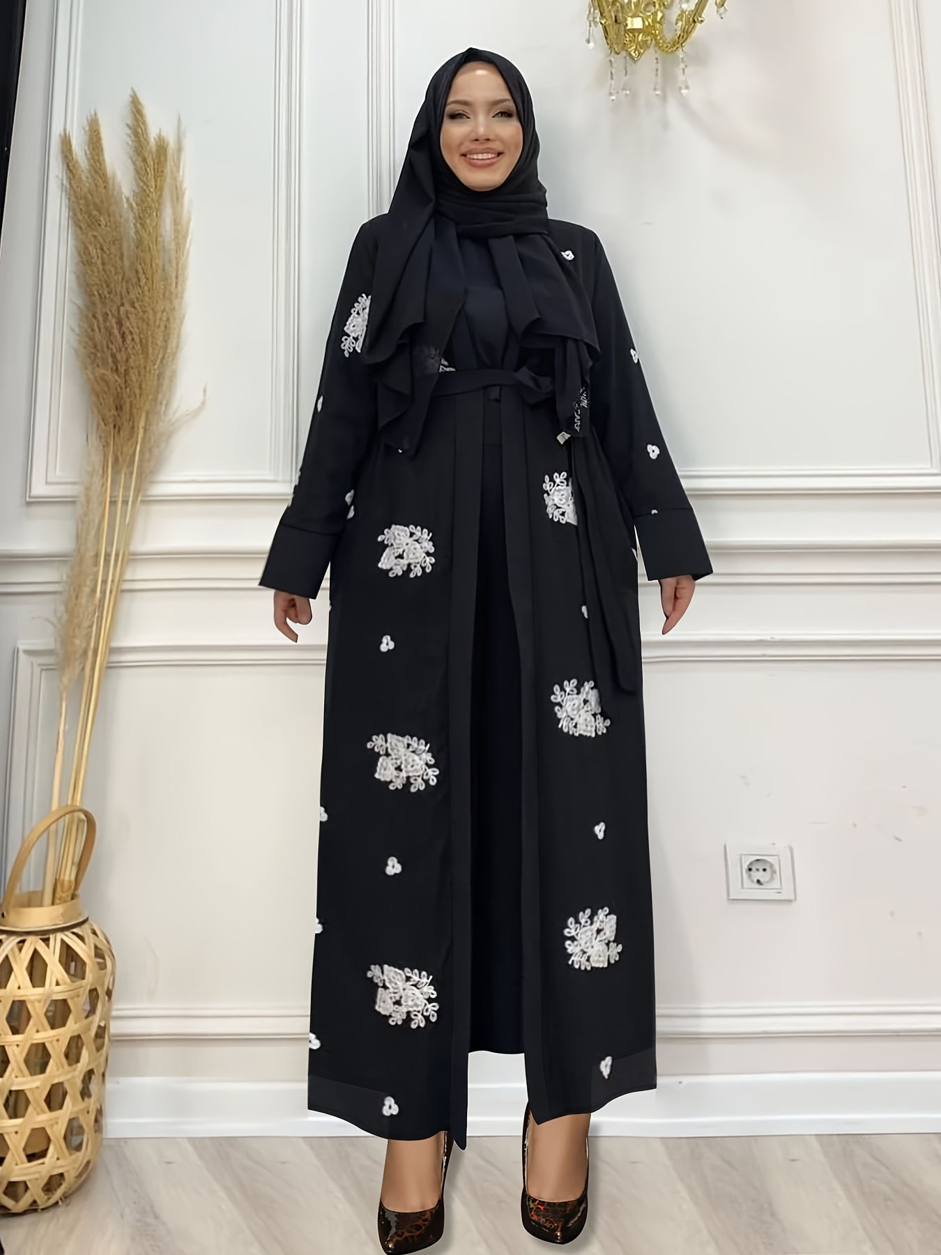 Ramadan Floral Print Crew Neck Burqas Elegant Long Sleeve - Temu