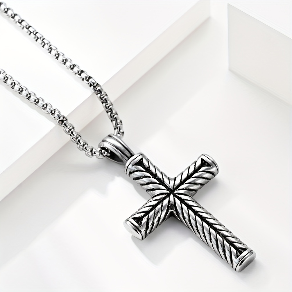 1pc stripe cross cool pendant necklace mens trendy stainless steel necklace fashion accessories details 2