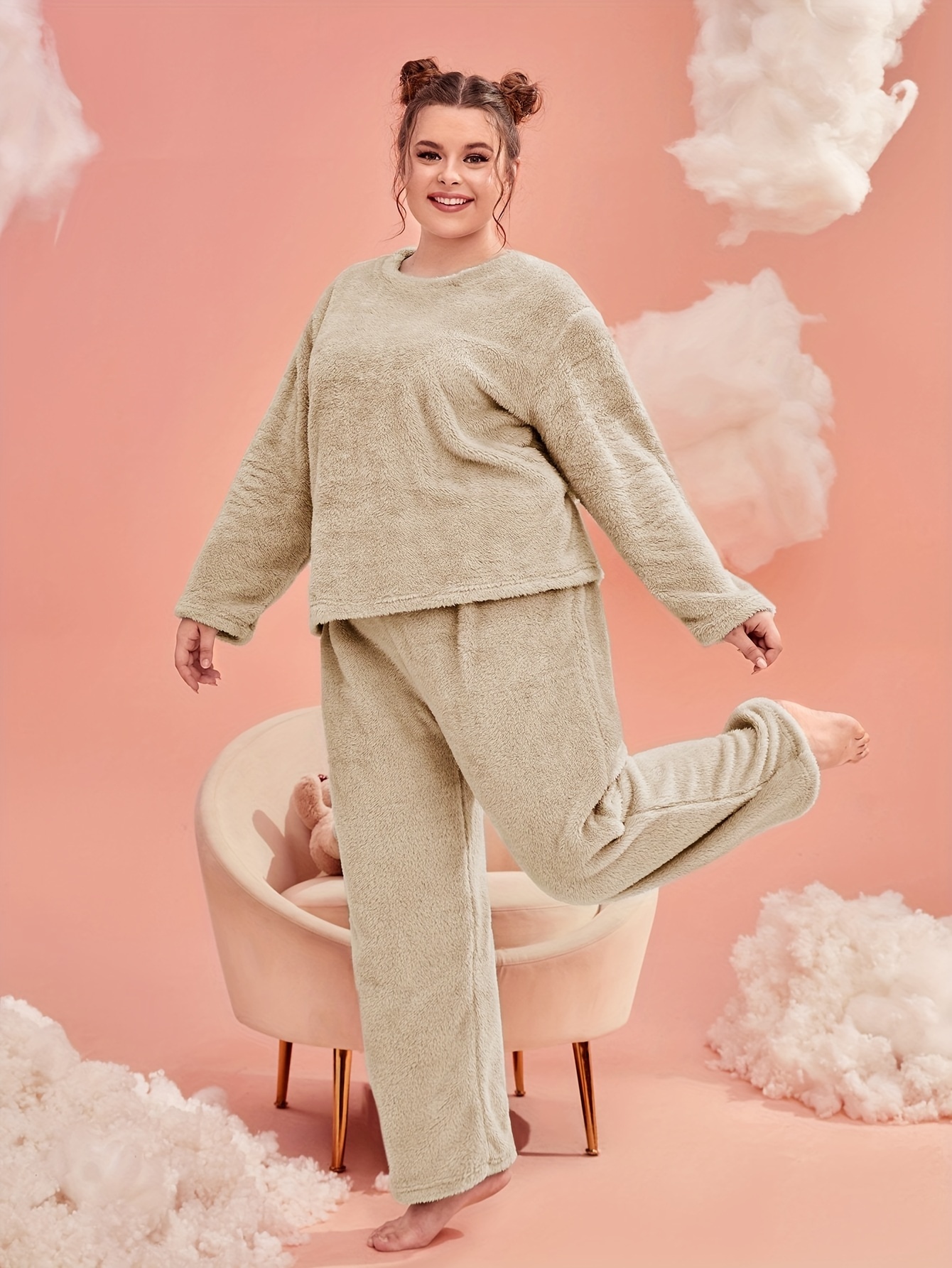 Casual Solid Color Fuzzy Fleece Loose Casual Pants Women's - Temu