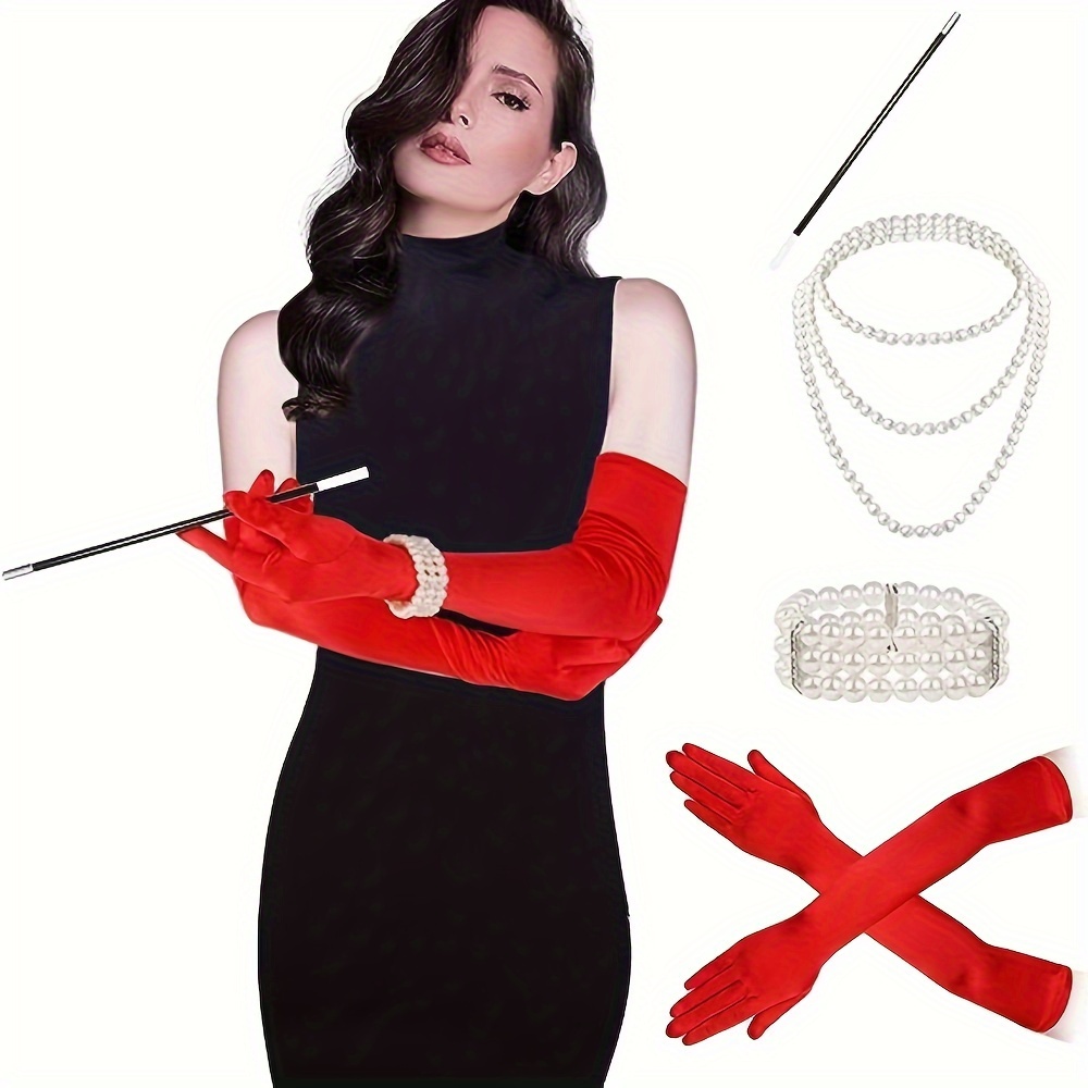 

1 Set Of 4pcs Women's 1920s Necklace - Bracelet Red Gloves Makeup Accessories Set