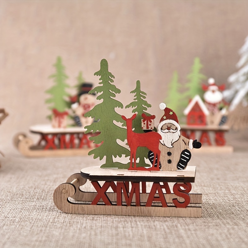 1pc Christmas Wooden Crafts, Holiday Assembly, Home Mini Sled Car Desktop  Decoration