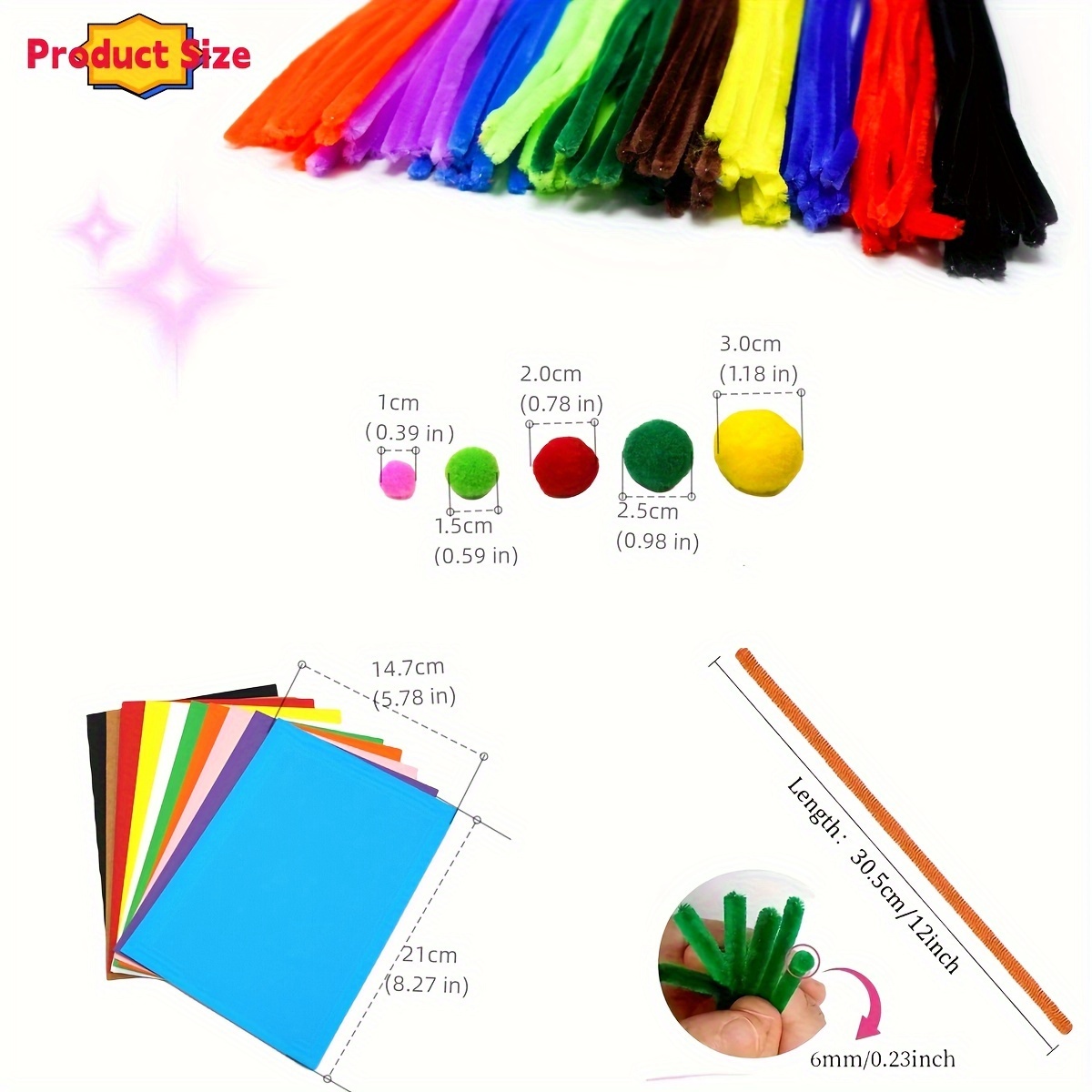 [360pcs] 100pcs Pipe Cleaners In 10 Colors 10pcs Construction Papers 250pcs  Pom Poms ,Multi-Color Chenille Stems Craft Supplies Colorful Pipe Cleaners