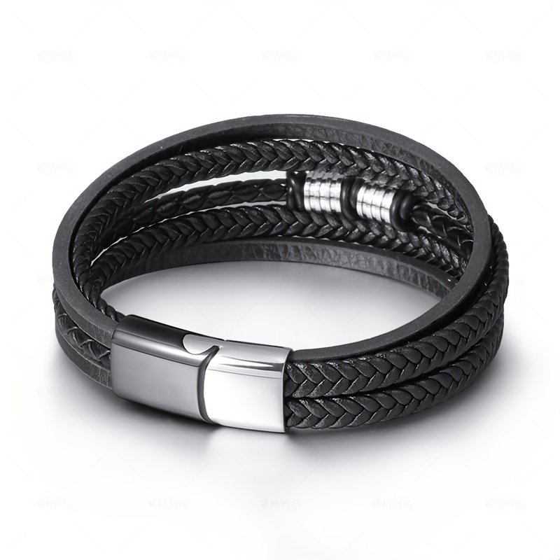 Men's Black Leather and Steel Braided Bracelet 