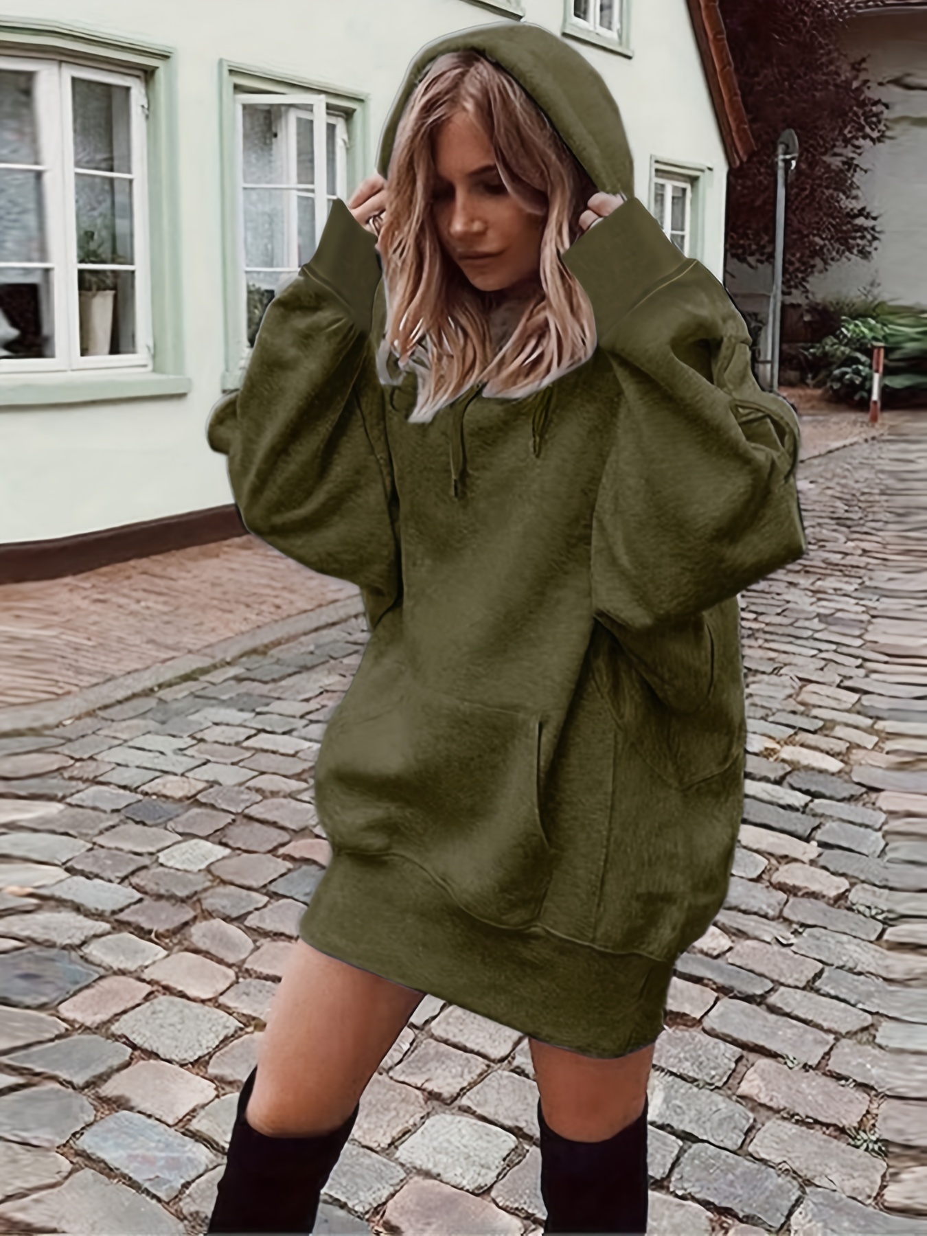 Solid Drawstring Hoodie, Casual Long Sleeve Drop Shoulder Hoodie