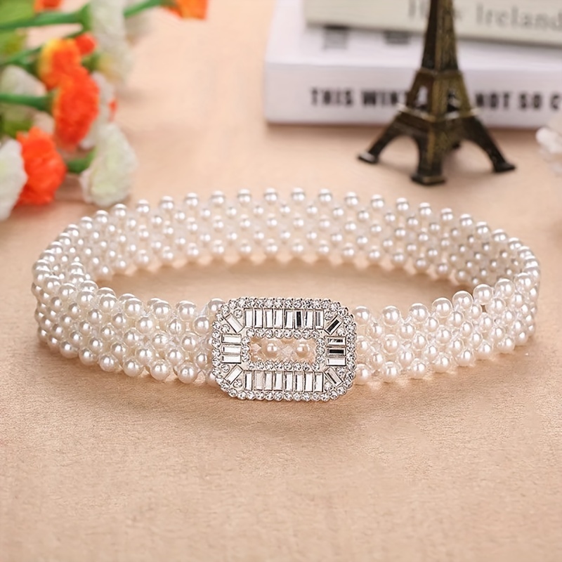 

White Faux Pearl Waist Chain For Women Elegant Elastic Waistband Hollow Out Buckle Dress Girdle Chain Belts For Women