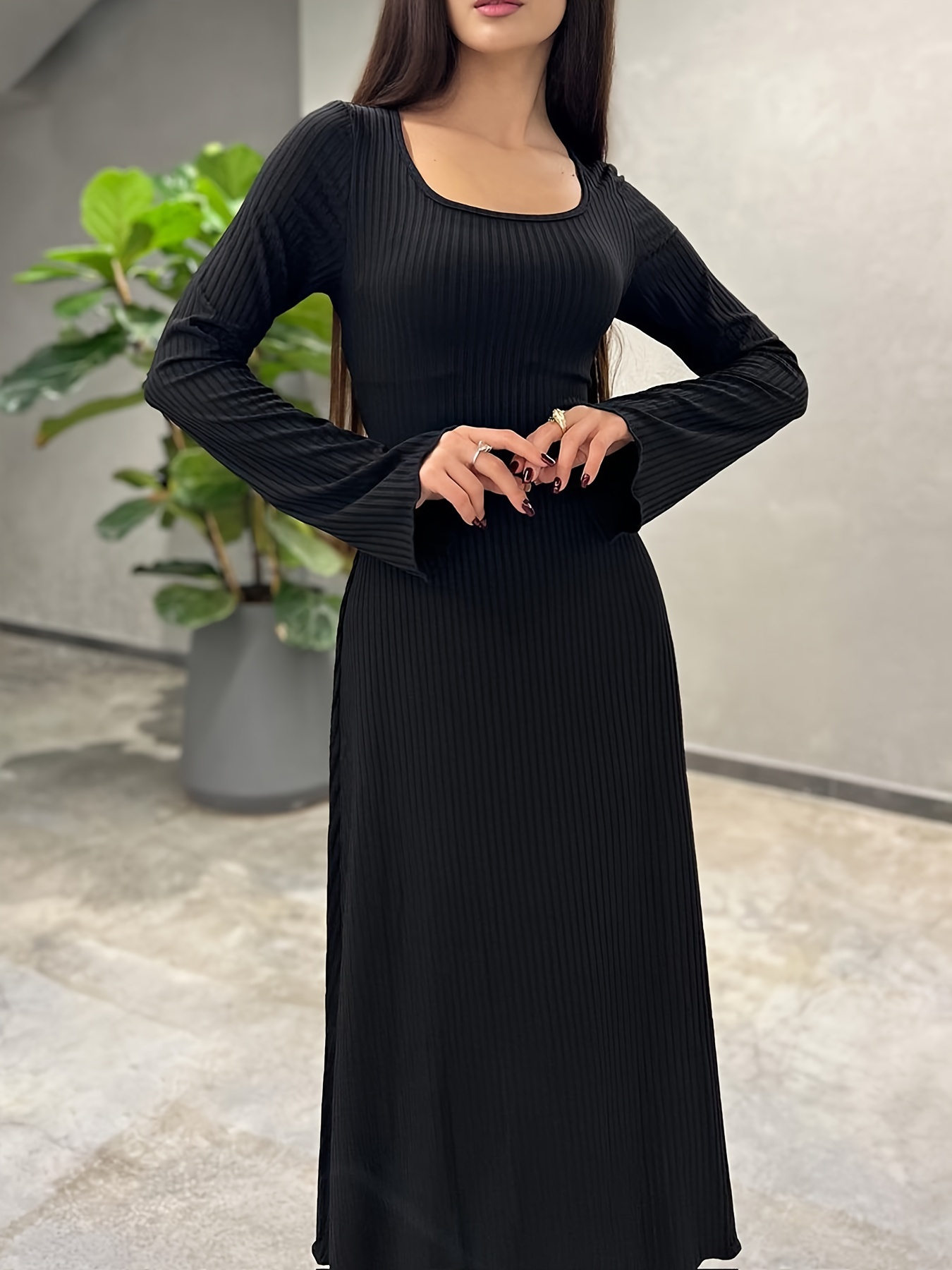 Solid Ribbed Lace Back Dress Elegant Long Sleeve Neck - Temu