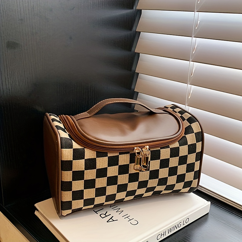 Retro Checkered Makeup Bag, Portable Large Capacity Storage Bag