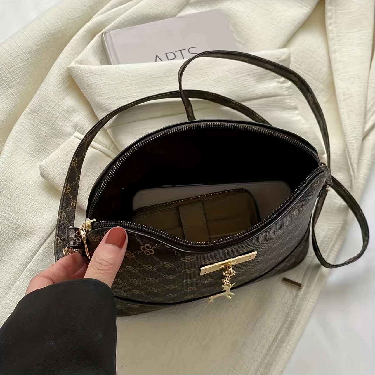 Retro Printed Shoulder Zipper Bag, Classic Elegant Crossbody Bag