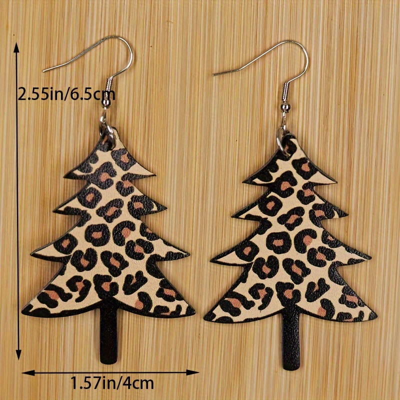 Vintage Christmas Tree Leopard Print PU Leather Earrings