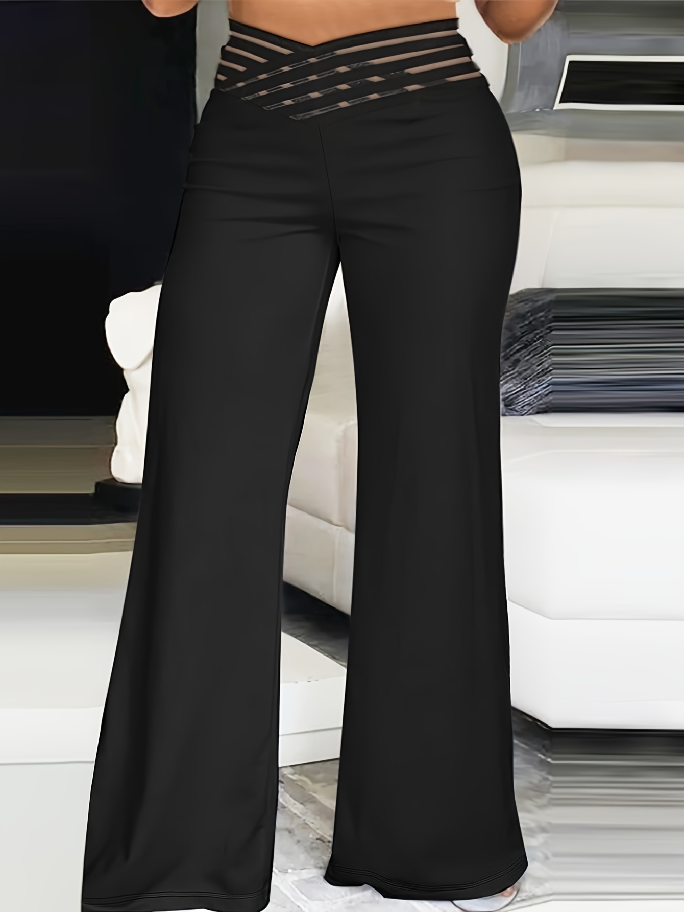 Plus Size Elegant Pants Women's Plus Solid Contrast Mesh V - Temu