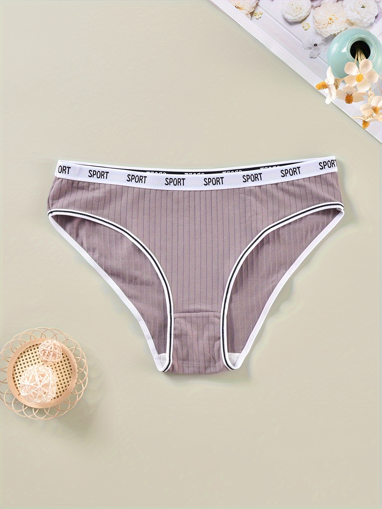 5 Pack Plus Size Sports Panties Set Women's Plus Ribbed Knit Contrast Letter Tap