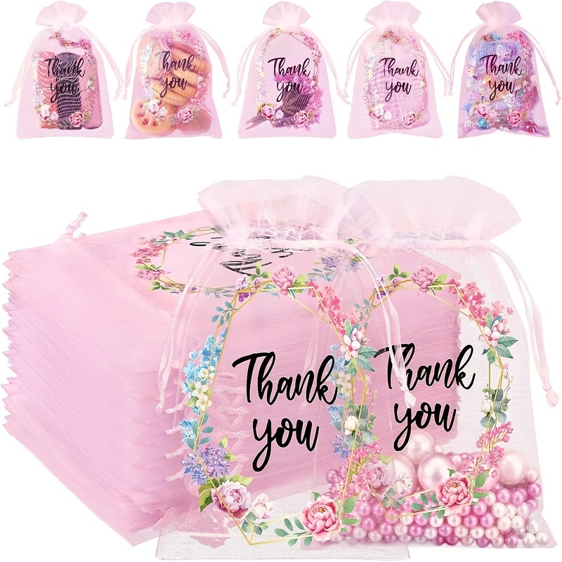 20pcs, Thank You Gift Bags Sheer Organza Bags Floral Small Thank You Bags  Mesh Jewelry Candy Gift Bags With Drawstring For Party Favor Bags, Makeup Or