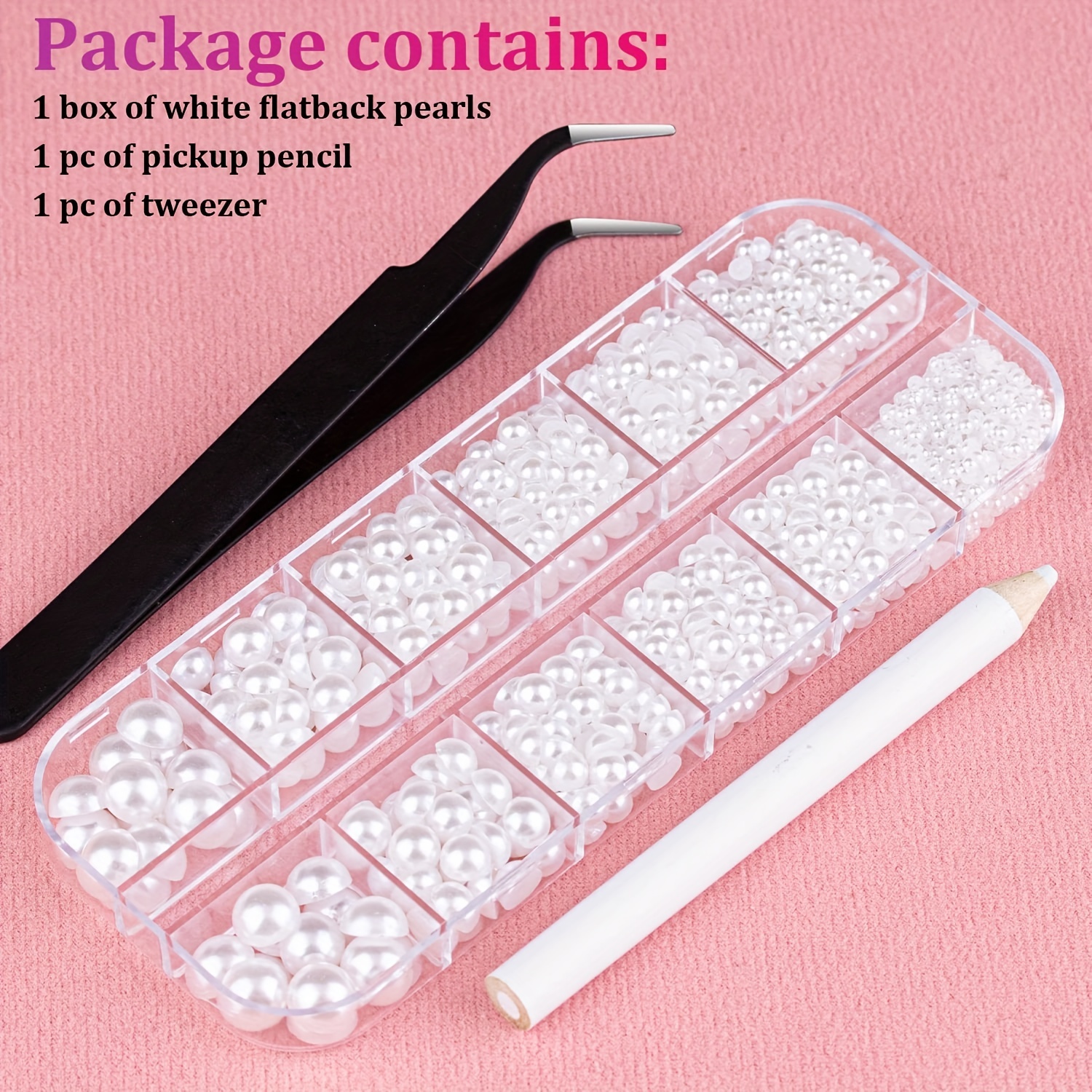 Flatback Nail Pearls Set With Tweezers And Pickup Pencil For Nail