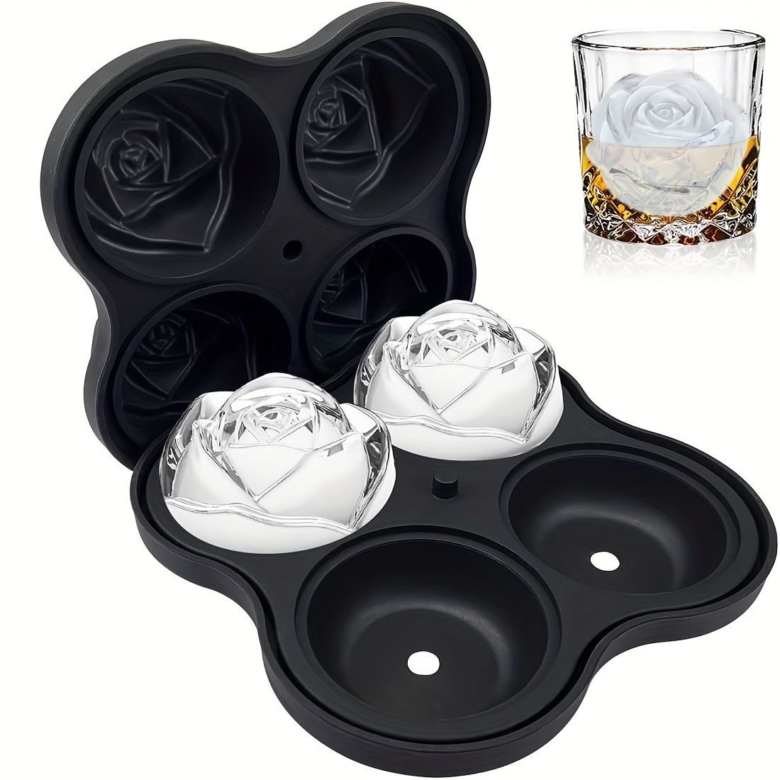 Whiskey Slicone Making Ice 4 Rose Molds Ice Molds Molds Tray Silicone Ice  Kitchen，Dining & Bar Bow Cookie (2-Black, One Size)