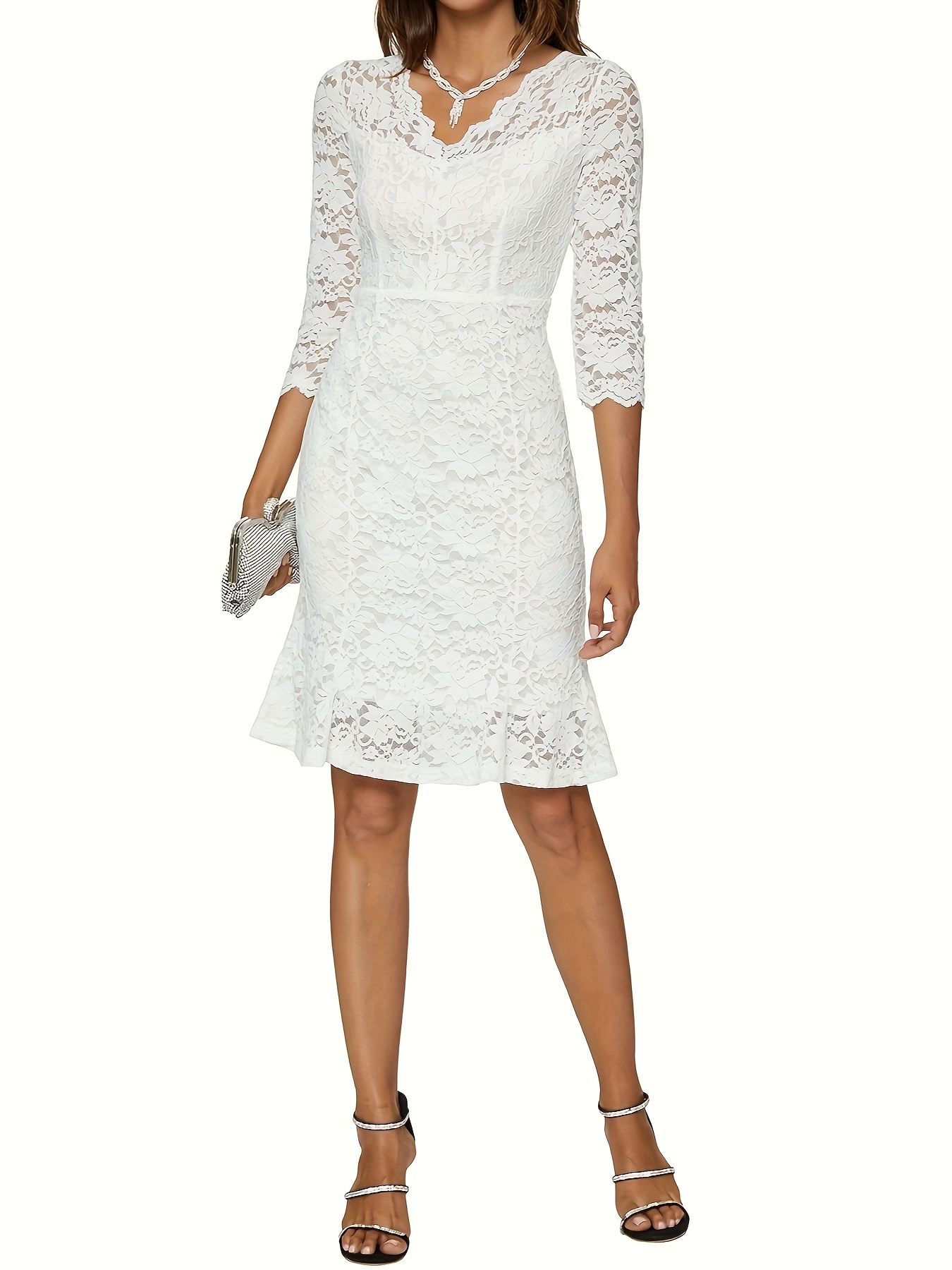 Solid V Neck Lace Trumpet Dress Elegant Three quarter Sleeve Temu