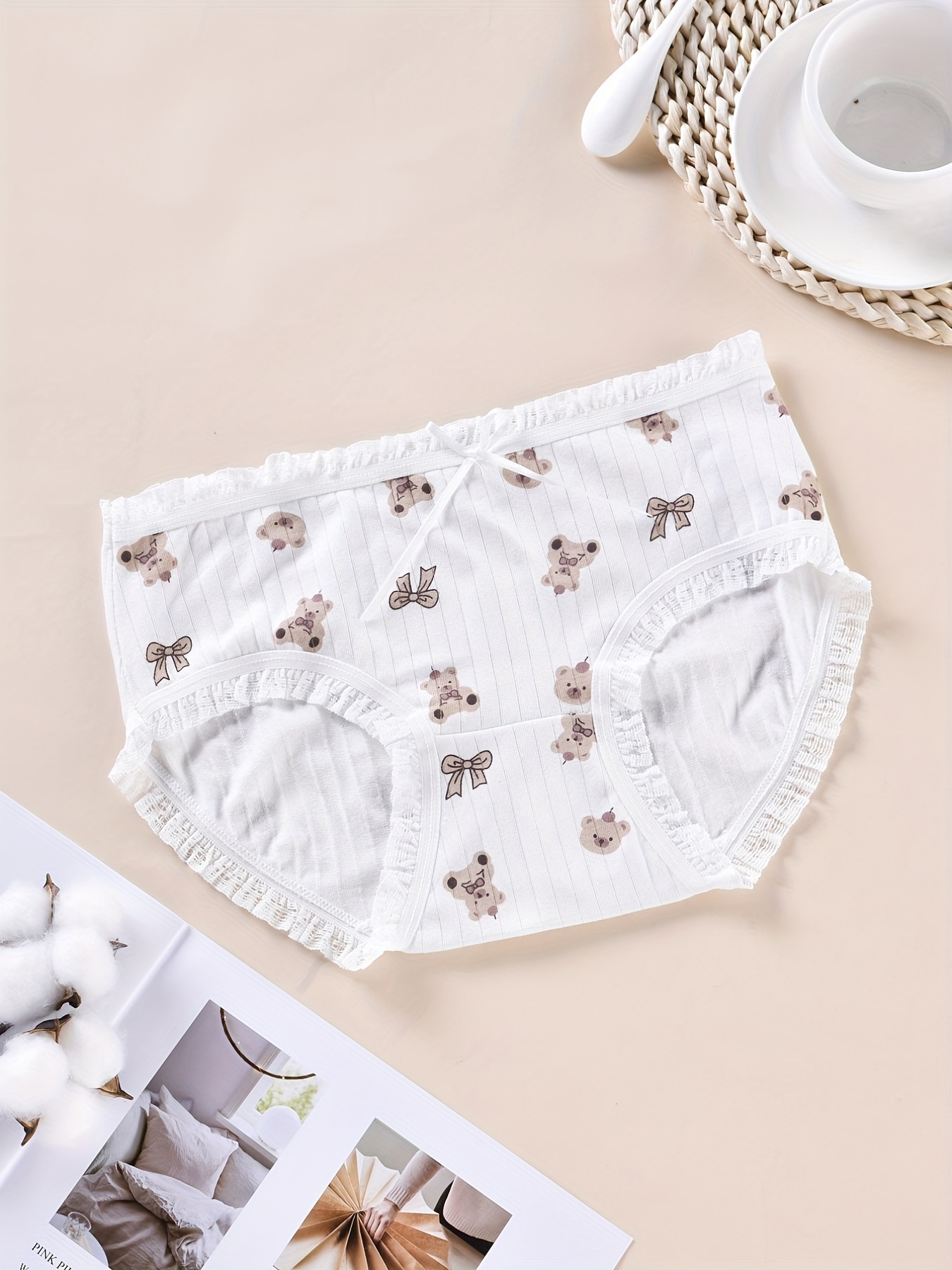 ZENTREE Women Underwear Adjustable Side Tie Panties Kawaii-Anime Cartoon  Printing Briefs 