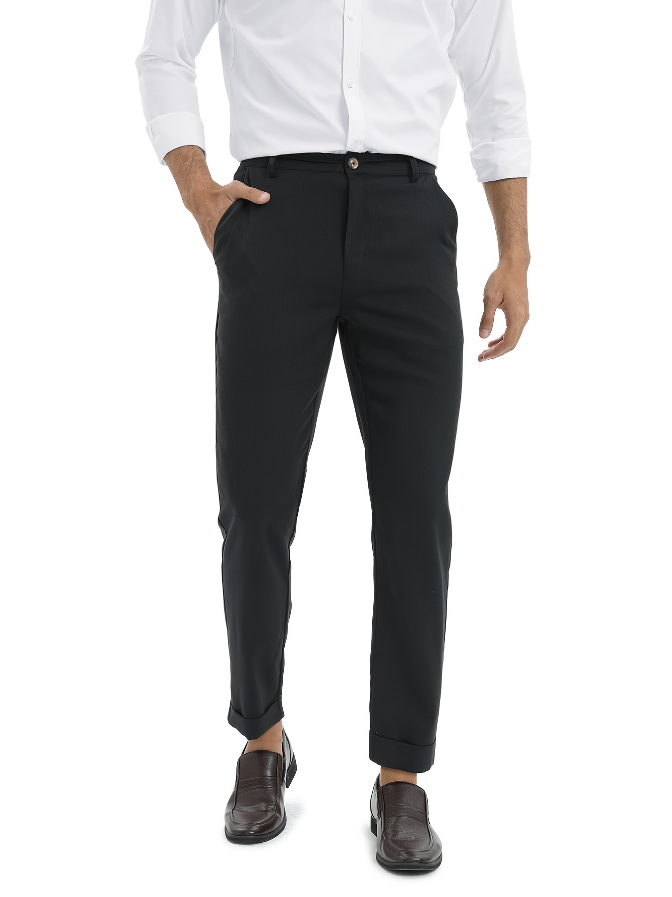 Men's Loose Elastic Waist Solid Color Business Casual Trousers, Men's  Outfits