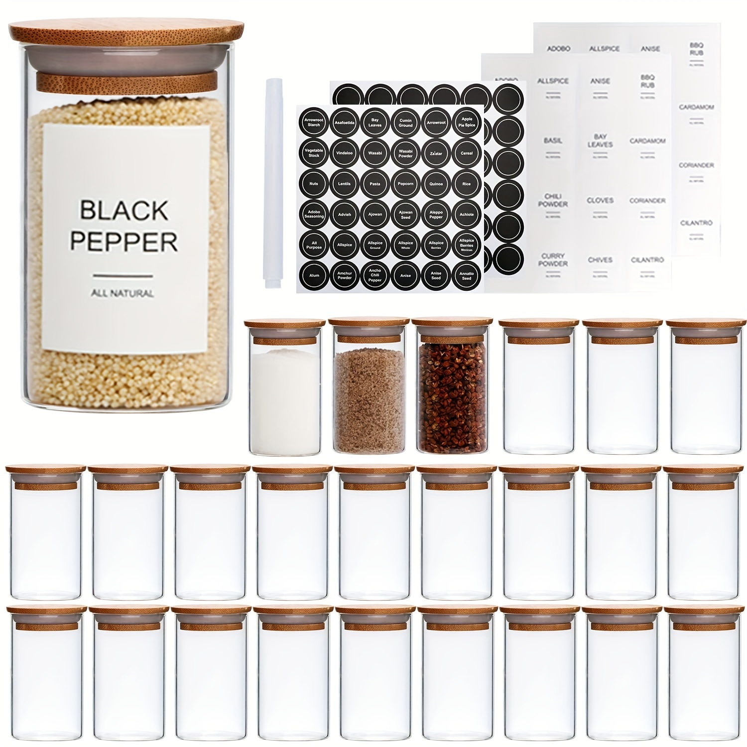 Glass Spice Jars With Labels And Organizers, Spice Jars With Bamboo Covers,  Empty Glass Spice Jars With Labels, Seasoning Organizer Jar Labels, Spice  Containers With Labels, Seasoning Sets Kitchen Acceaasies - Temu