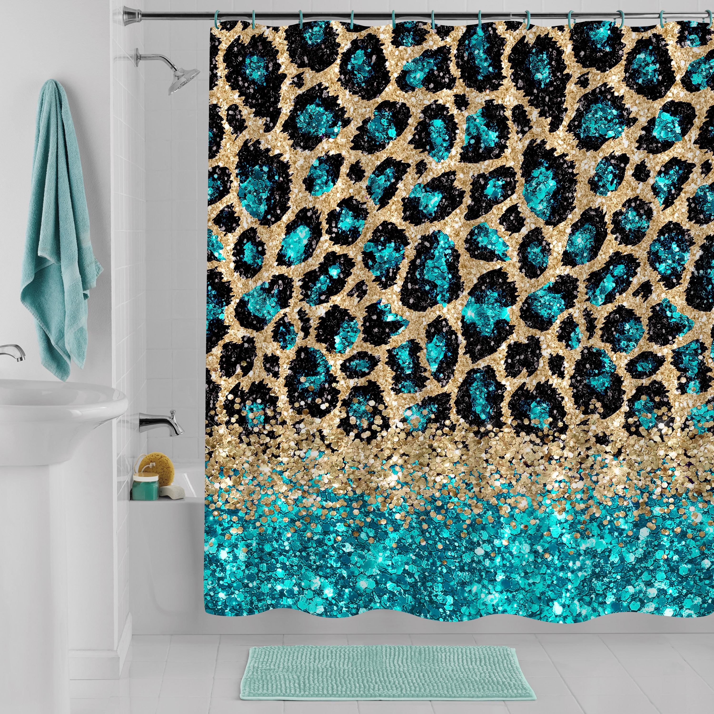 1 4pcs Turquoise Golden Sparkling Shower Curtain Set Leopard - Temu ...